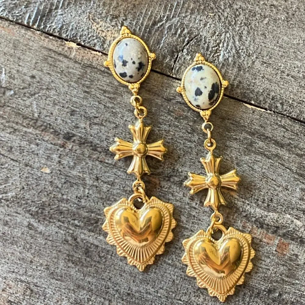 NEW Gold Cross Dalmatian Jasper Heart Dangle Earrings
